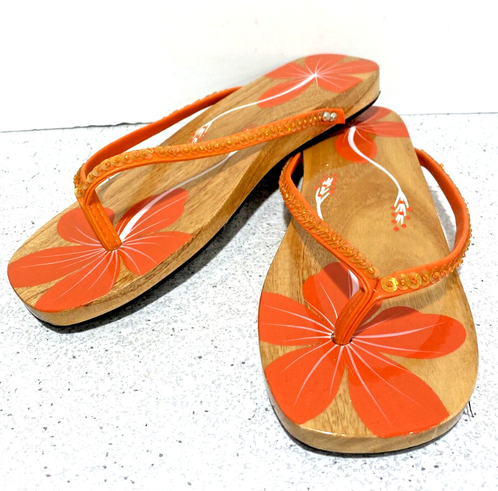 Zodax Plumeria Wooden Sole Thongs Sandals orange white clear sequins US size 8-9